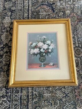 Vintage Gold Framed Floral Still Life with Pink and White Blooms